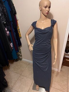 Alex Evenings Slate Blue Sparkle Ruched Maxi Dress